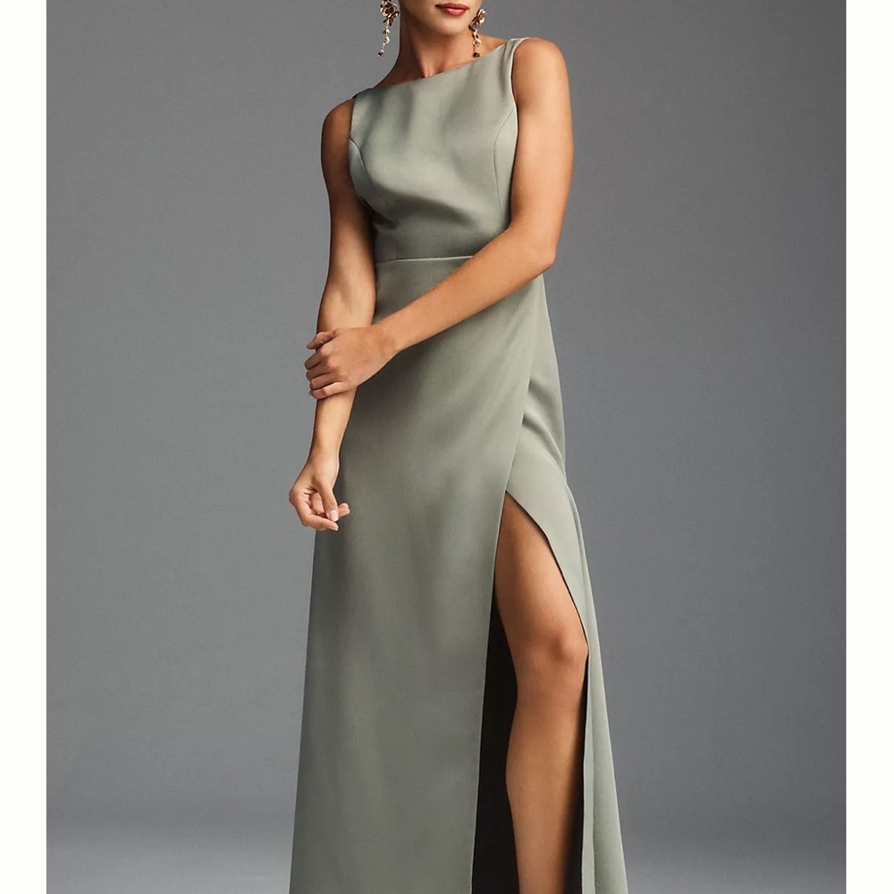 BHLDN Alice High Neck Satin Dress- Moss